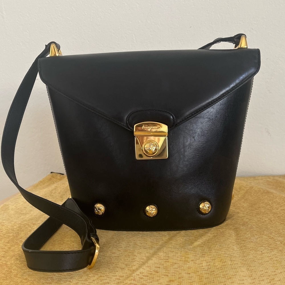 Salvatore Feragamo Black Heel Studded Shoulder Crossbody Circa 1990
